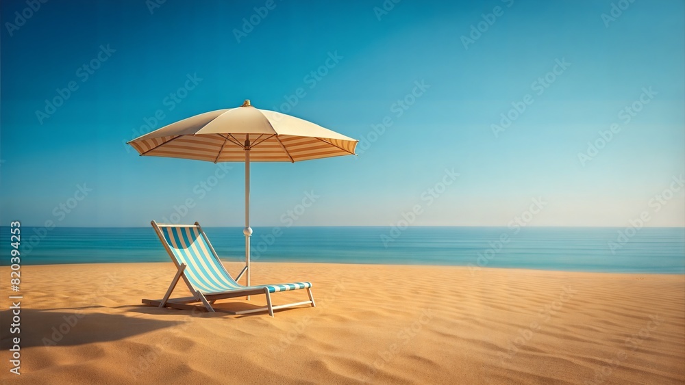 Beautiful soft colored  mediterranean beach, a chaise longue under an umbrella, Summer minimalist, see, sand background.