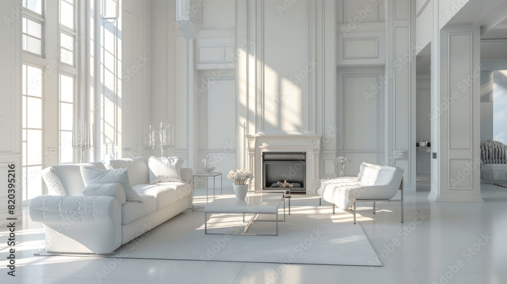 A luxurious modern house in classic American style, with white walls, marble floors and natural lighting from large glass windows. A luxurious modern house in classic American style, with white walls, marble floors and natural lighting from large glass windows.