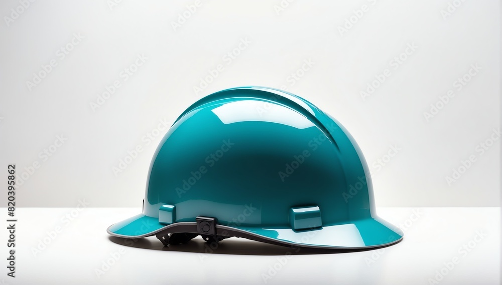 teal safety helmet on plain white background with copyspace from Generative AI teal safety helmet on plain white background with copyspace from Generative AI