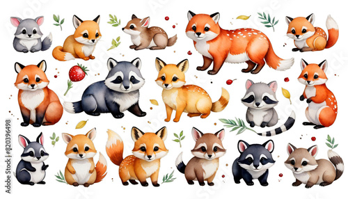 set animals watercolor cute little funny white animal art baby background rabbit card children design drawn forest fox graphic hare head hedgehog illustration invitation isolated mammal nature