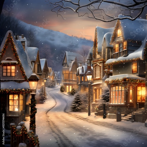 Beautiful winter night in the village. Christmas and New Year.
