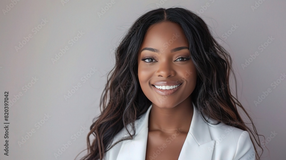 Obraz premium professional woman in a studio portrait, radiating happiness and confidence with a natural smile.