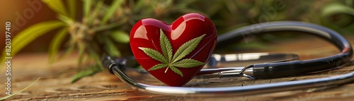 Cannabis Cardiology A dynamic composition featuring a stethoscope shaped like a heart, with a cannabis leaf placed within, emphasizing the exploration of cannabisbased interventions in cardiology rese photo
