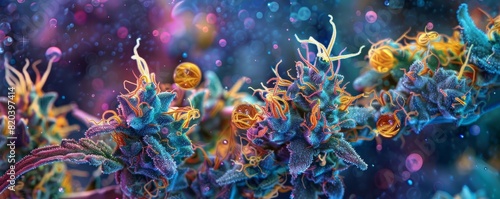 Cannabis Chemistry A digitally enhanced photograph of a microscope view focused on a cannabis trichome, with colorcoded representations highlighting the presence of specific cannabinoids and terpenes, photo