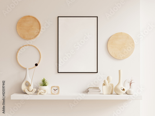 Mockup poster frame close up and wood cabinet in cozy white interior background- 3D rendering