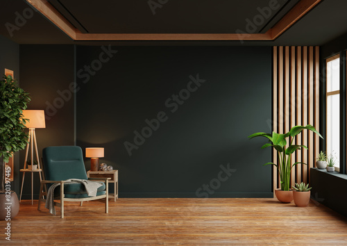 Living room interior has an green armchair on empty dark green wall background- 3D rendering photo