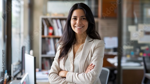 businesswoman taking photo in the office with her arms crossed
