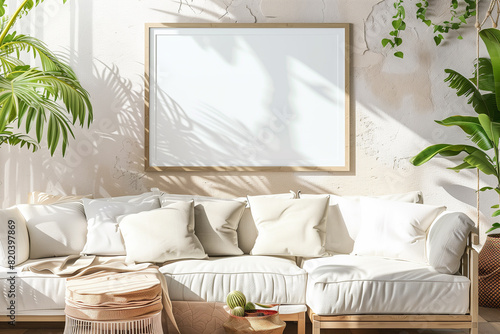 Mockup living room with white photo frame
