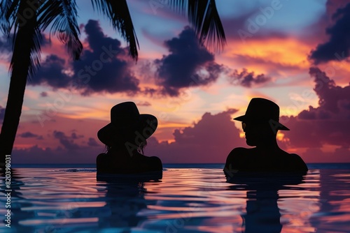 Silhouette of a couple wearing sun hats sitting by the pool at sunset, with a tropical island background, rendered © Ammar