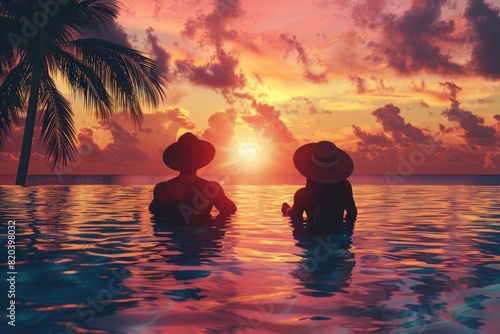 Silhouette of a couple wearing sun hats sitting by the pool at sunset, with a tropical island background, rendered photo