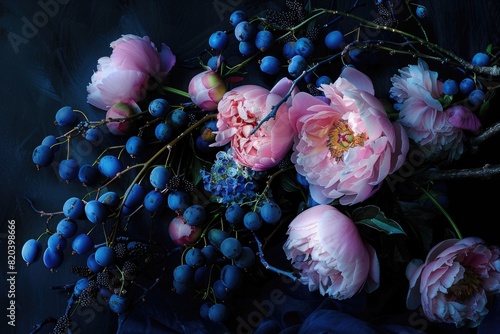 still life with pink peonies, blue thorns and berries