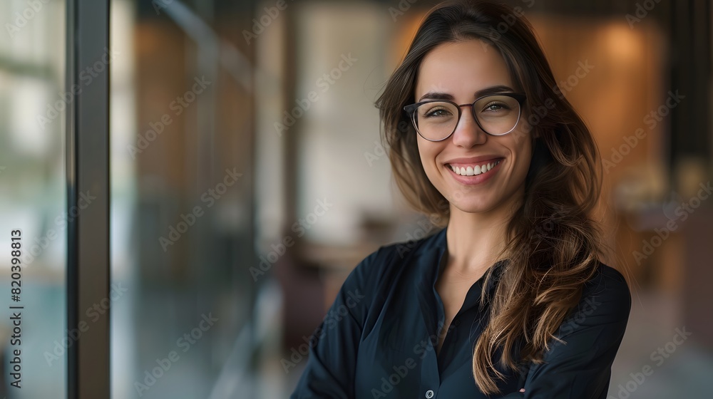 businesswoman taking photo in the office with her arms crossed businesswoman taking photo in the office with her arms crossed