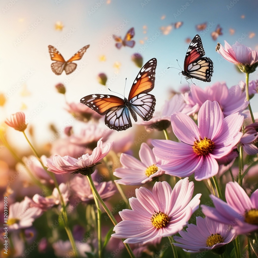 Naklejka premium 꽃, Flower, 나비, Butterfly, 향기, Fragrance, 자연, Nature, 정원, Garden, 색깔, Color, 봄, Spring, 파랑새, Bluebird, 화려한, Vivid, 피어나는, Blooming, 날다, Flutter, 풍부한, Abundant, 화환, Wreath, 나비정원, Butterfly garden