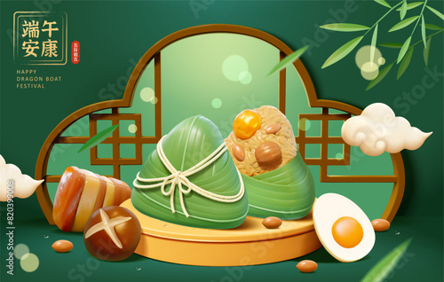 3D Zongzi and ingredients on oriental podium background. Text: Good luck for Duanwu holiday. May 5th.