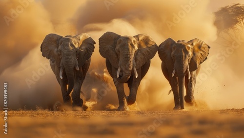 Three elephants run in the desert, with dust flying behind them and motion blur.