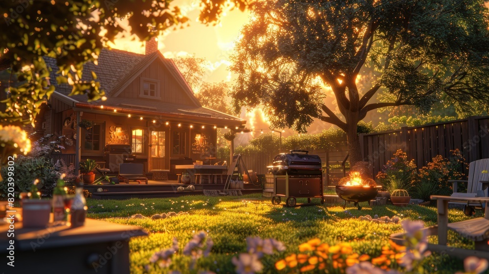 Fototapeta premium At sunset, a cozy backyard barbecue brings friends and family together.