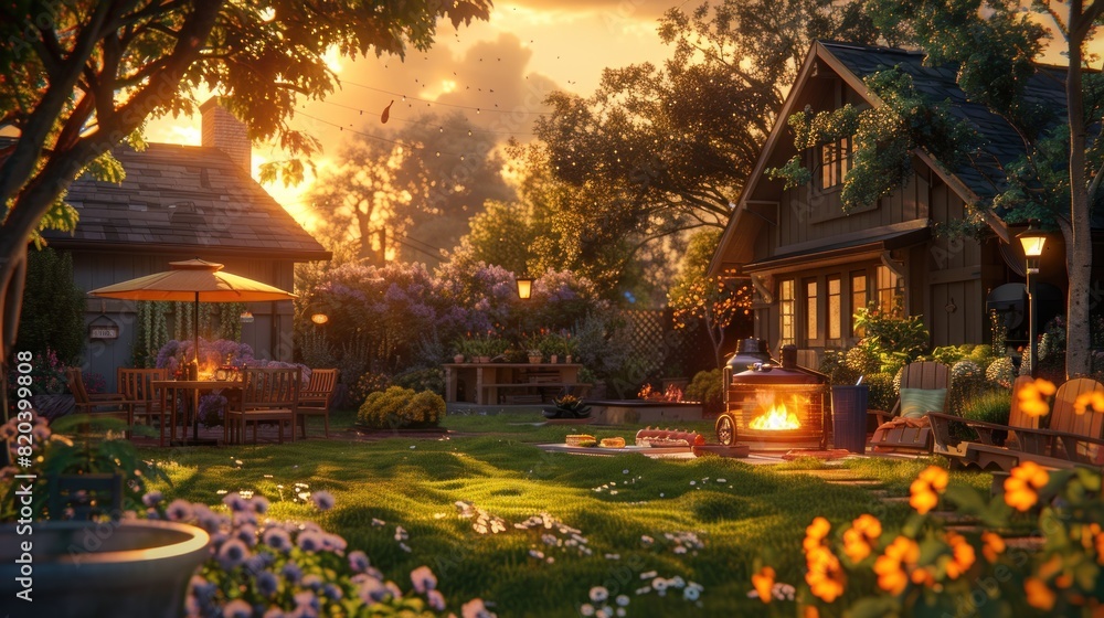 Fototapeta premium A large barbecue grill in a cozy backyard attracts friends and family at sunset.