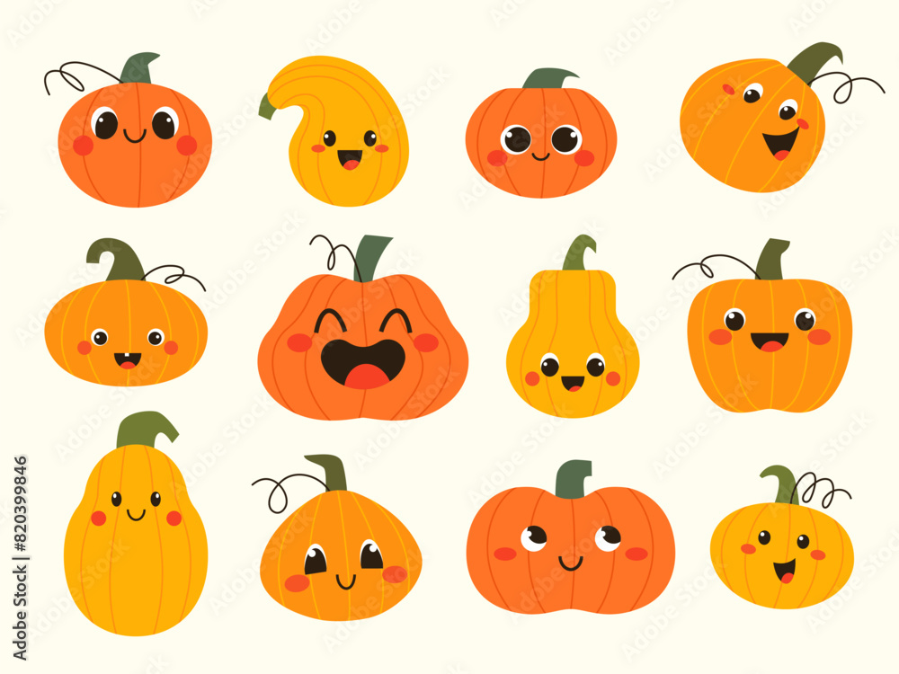 Vector set of cute cartoon pumpkins in flat style for Halloween, Thanksgiving, harvest, autumn season design Vector set of cute cartoon pumpkins in flat style for Halloween, Thanksgiving, harvest, autumn season design