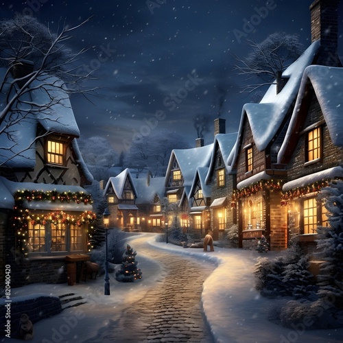 Winter night in the village. Winter fairy tale. Christmas background.