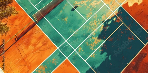 Top view of an orange and green tennis court with orange shadows on the ground in the digital art style. photo