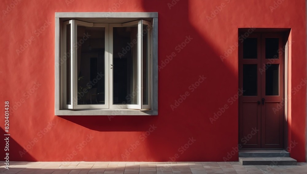red wall with window and dramatic lighting on house facade from Generative AI