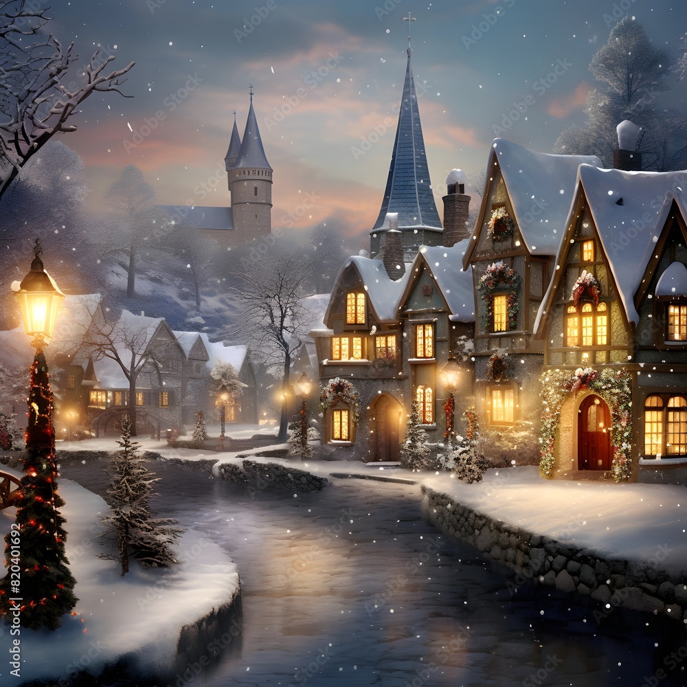 Digital painting of a winter town with snow covered houses and christmas trees