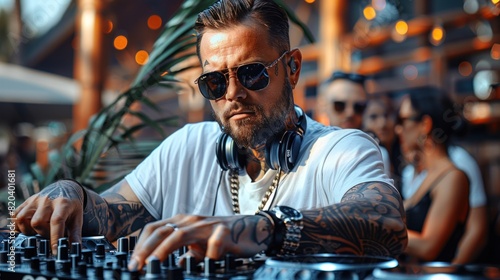 Captivating male DJ spinning tunes, experience the magnetic charm as an attractive man takes center stage, orchestrating a symphony of beats and rhythms to energize the crowd.