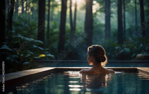young woman relaxing in spa pool outdoor