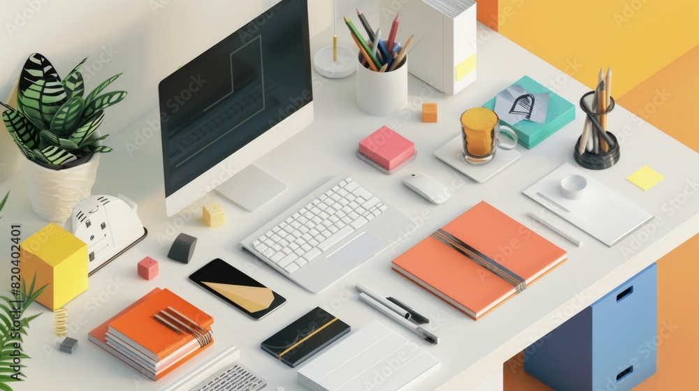 Remote work concept, abstract home office setup with financial elements Remote work concept, abstract home office setup with financial elements