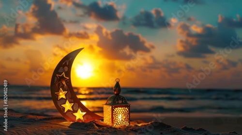 Shiny golden crescent moon with star lantern and arabic lantern on sea beach at beautiful sunset sky with cloud photo