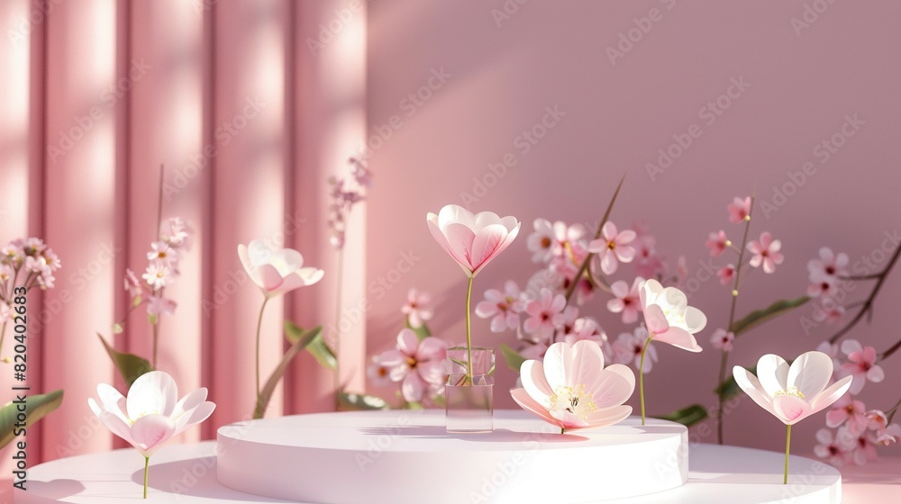 Pink Beauty Product Display: 3D Spring Flower Podium Scene Pink Beauty Product Display: 3D Spring Flower Podium Scene
