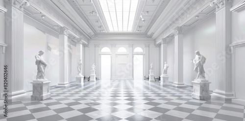 White marble statues and sculptures in an empty museum room with columns, ambient light from above, modern design furniture, high resolution, photorealistic,