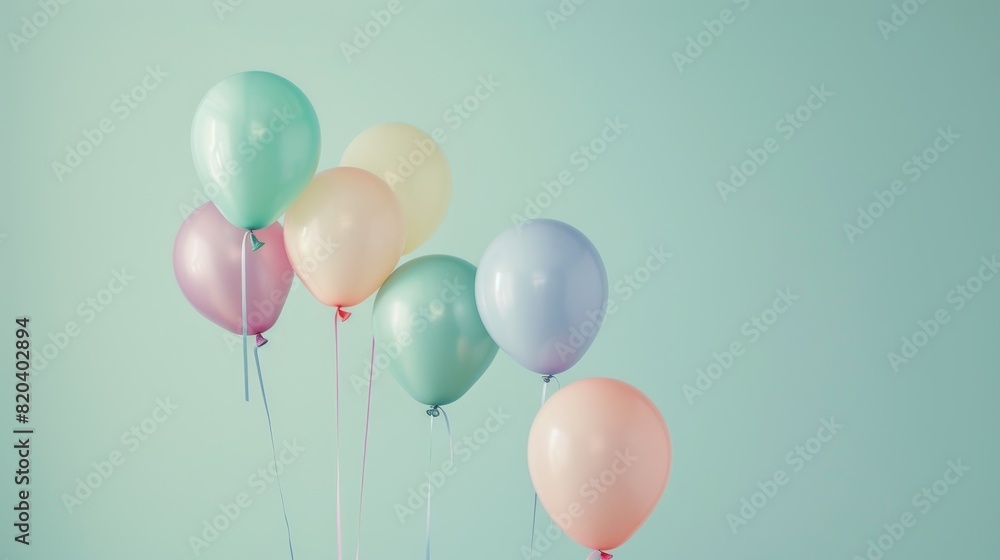 A serene scene of pastel balloons tied together, floating in front of a subtle pastel green background, evoking a sense of calm and happiness A serene scene of pastel balloons tied together, floating in front of a subtle pastel green background, evoking a sense of calm and happiness
