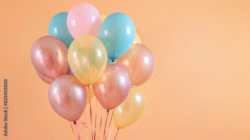 A bouquet of pastel balloons with a combination of pink, blue, and yellow, set against a soft pastel peach background A bouquet of pastel balloons with a combination of pink, blue, and yellow, set against a soft pastel peach background