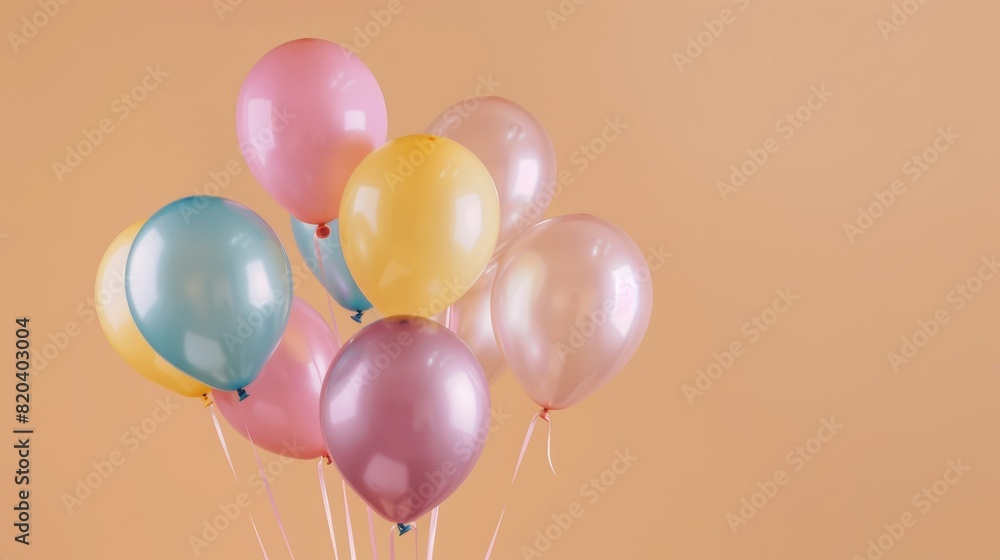 A bouquet of pastel balloons with a combination of pink, blue, and yellow, set against a soft pastel peach background A bouquet of pastel balloons with a combination of pink, blue, and yellow, set against a soft pastel peach background