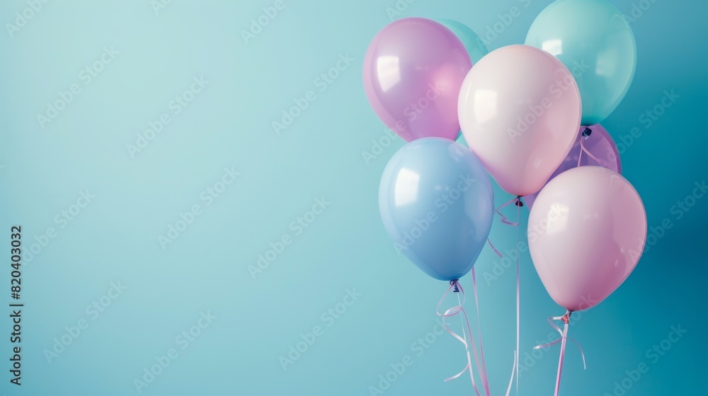 A bunch of pastel-colored balloons tied together, set against a light blue background, creating a festive and lighthearted scene A bunch of pastel-colored balloons tied together, set against a light blue background, creating a festive and lighthearted scene