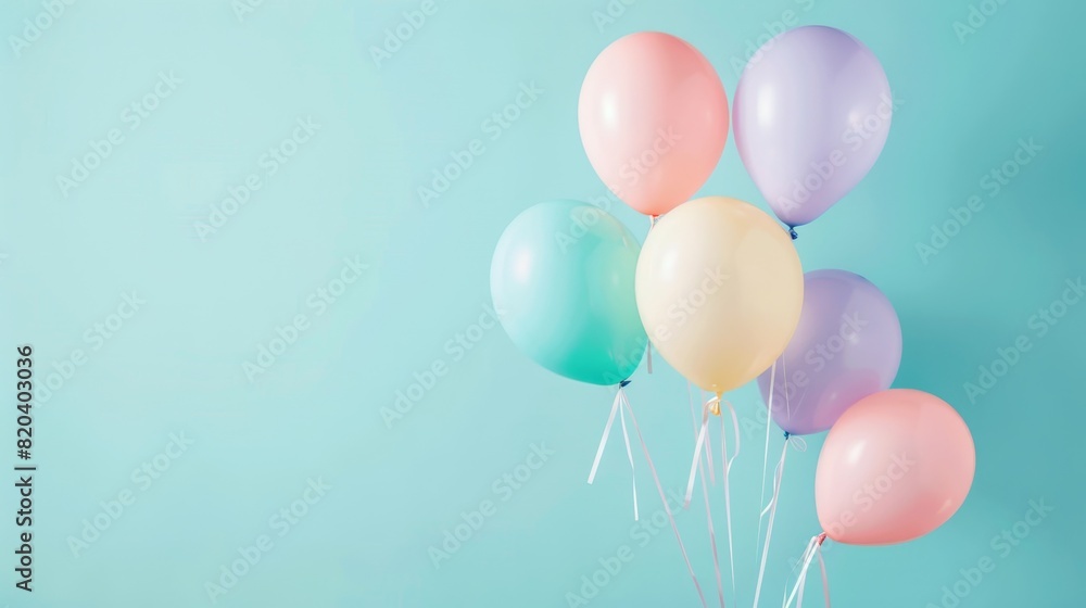 A bunch of pastel-colored balloons tied together, set against a light blue background, creating a festive and lighthearted scene A bunch of pastel-colored balloons tied together, set against a light blue background, creating a festive and lighthearted scene