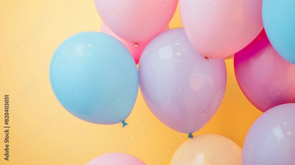 A close-up of pastel balloons in shades of pink and blue, with a soft yellow background adding a warm, inviting feel A close-up of pastel balloons in shades of pink and blue, with a soft yellow background adding a warm, inviting feel