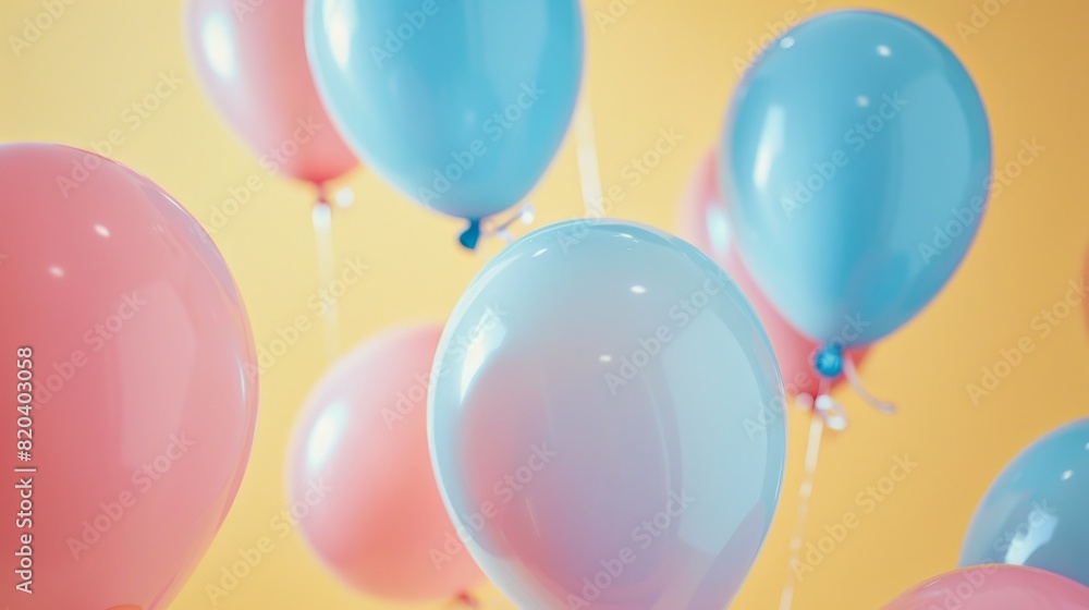 A close-up of pastel balloons in shades of pink and blue, with a soft yellow background adding a warm, inviting feel A close-up of pastel balloons in shades of pink and blue, with a soft yellow background adding a warm, inviting feel