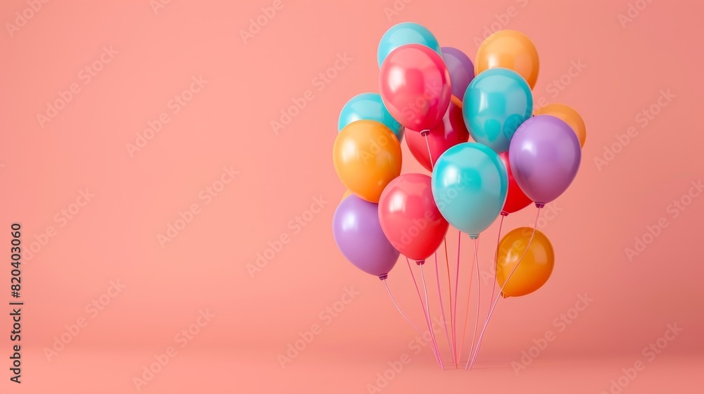 A cluster of colorful balloons floating in front of a soft pastel pink background, arranged in a cheerful composition A cluster of colorful balloons floating in front of a soft pastel pink background, arranged in a cheerful composition