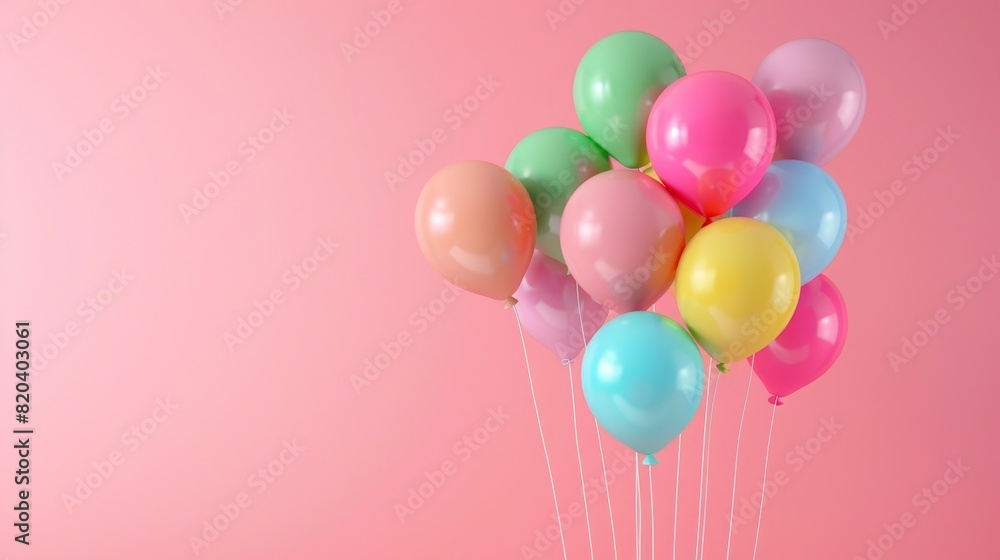 A cluster of colorful balloons floating in front of a soft pastel pink background, arranged in a cheerful composition