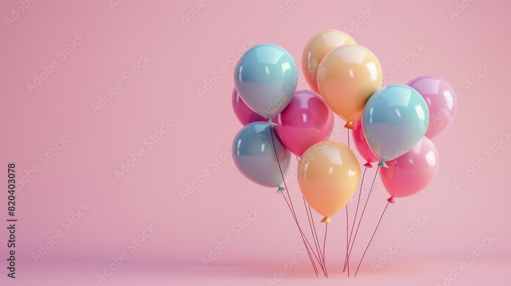 A cluster of colorful balloons floating in front of a soft pastel pink background, arranged in a cheerful composition A cluster of colorful balloons floating in front of a soft pastel pink background, arranged in a cheerful composition