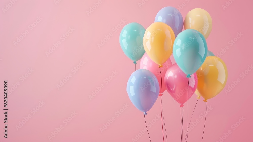 A cluster of colorful balloons floating in front of a soft pastel pink background, arranged in a cheerful composition