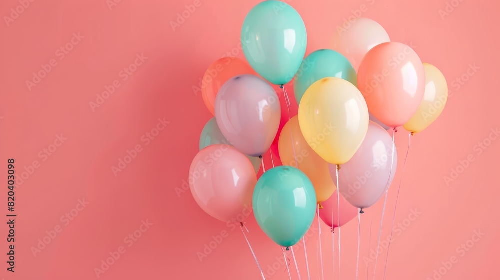 A cluster of colorful balloons floating in front of a soft pastel pink background, arranged in a cheerful composition A cluster of colorful balloons floating in front of a soft pastel pink background, arranged in a cheerful composition