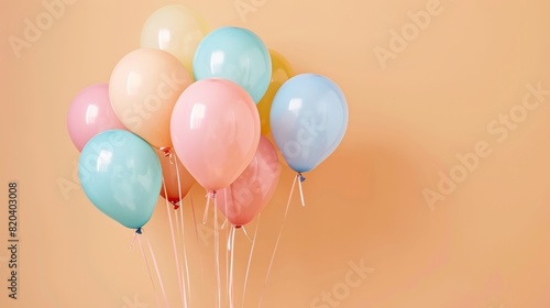 A bouquet of pastel balloons with a combination of pink, blue, and yellow, set against a soft pastel peach background