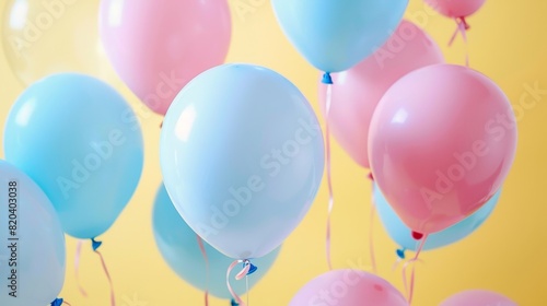 A close-up of pastel balloons in shades of pink and blue  with a soft yellow background adding a warm  inviting feel