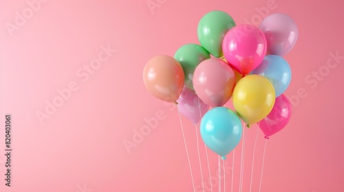 A cluster of colorful balloons floating in front of a soft pastel pink background  arranged in a cheerful composition