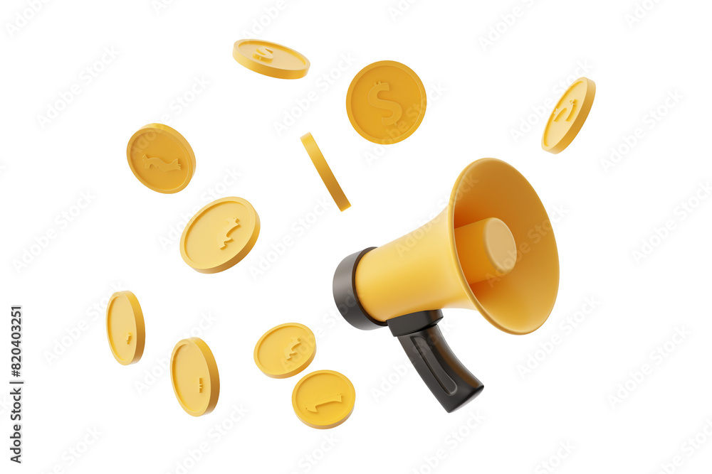 A megaphone with gold coins floating in the air isolated on a transparent background A megaphone with gold coins floating in the air isolated on a transparent background