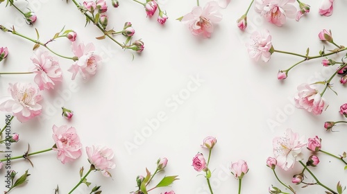 Cresent flowers as frame on white backrgound  copy space. Mother s Day fashionable layout. Women Day. Beautiful flower background