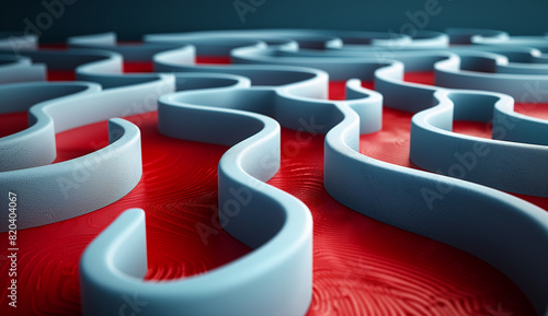 3D rendering of a white maze with a red path running through it on a solid background.